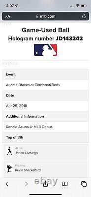 Ronald Acuna Jr. Atlanta Braves Jeu Utilisé Baseball Mlb Debut, 1er Hit Ab Mlb