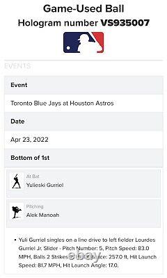 Yuli Gurriel Astros Jeu Utilisé Single Baseball 4/23/2022 Fielded By Lourdes Jr